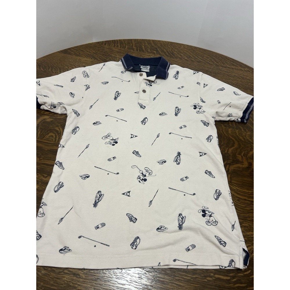 Vintage Walt Disney World Polo Shirt Mens M Beige Blue Mickey Golf